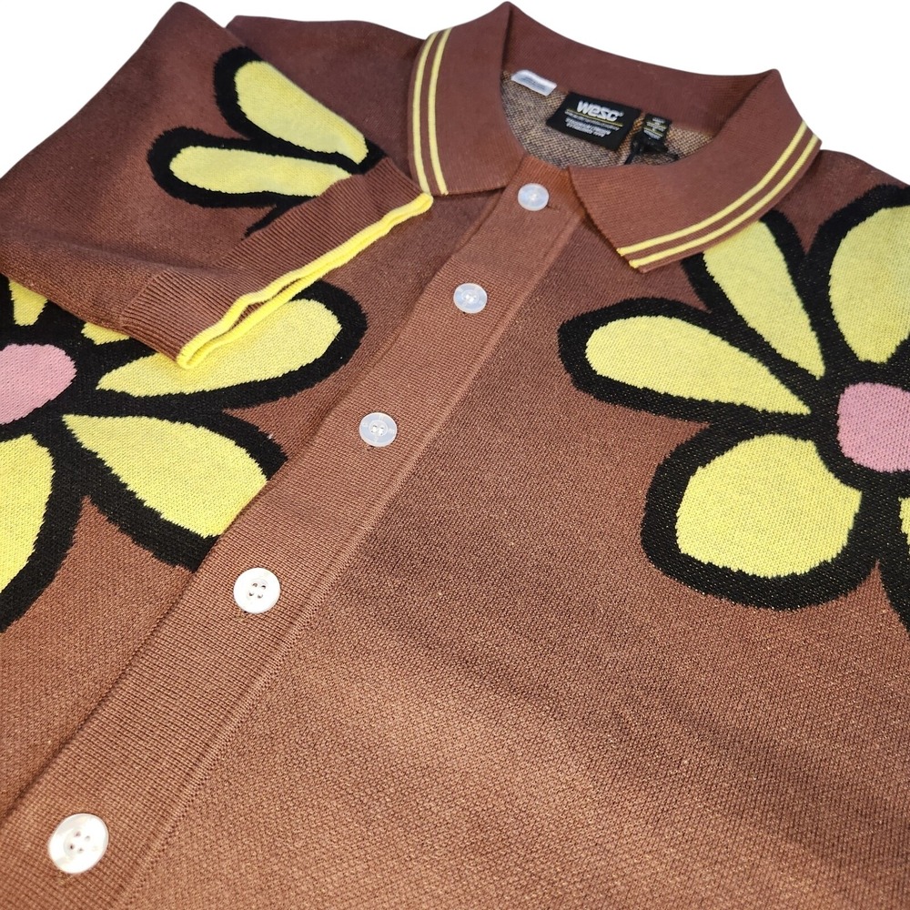 WESC Knit Button‎ Up Shirt Mens M Womens L Brown Yellow Daisy Retro Floral Soft